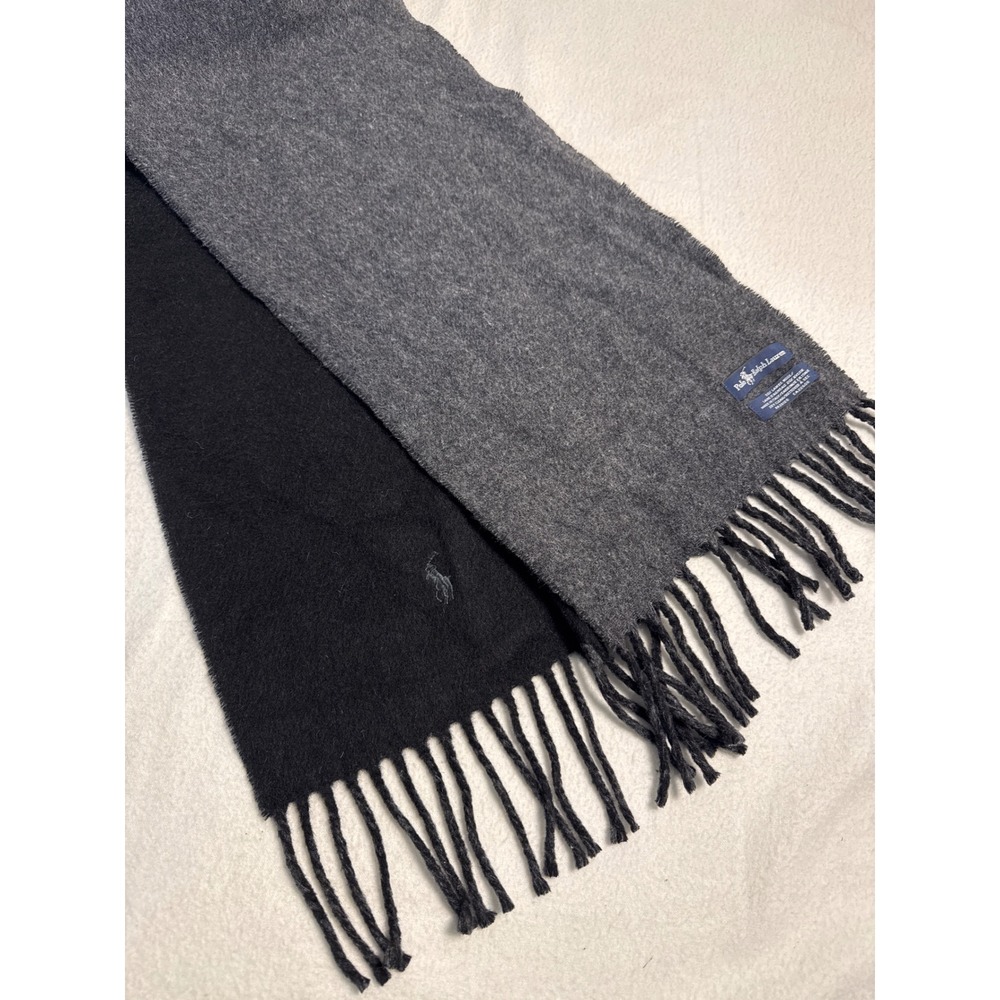Polo Ralph Lauren Scarf Mens OS Black Gray Lambswool Reversible Made in Italy